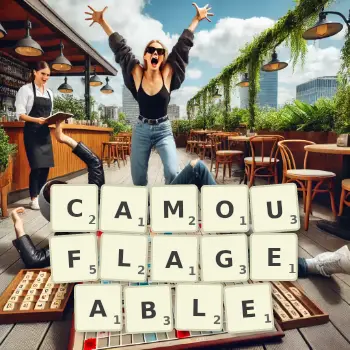 Creative illustration for a Scrabble game with the word CAMOUFLAGEABLE spelled out in tiles on the board.