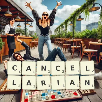 Creative illustration for a Scrabble game with the word CANCELLARIAN spelled out in tiles on the board.