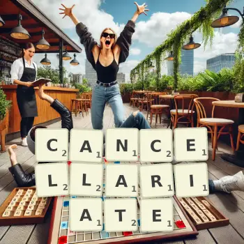 Creative illustration for a Scrabble game with the word CANCELLARIATE spelled out in tiles on the board.
