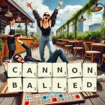 Creative illustration for a Scrabble game with the word CANNONBALLED spelled out in tiles on the board.