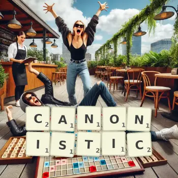 Creative illustration for a Scrabble game with the word CANONISTIC spelled out in tiles on the board.
