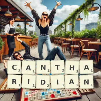 Creative illustration for a Scrabble game with the word CANTHARIDIAN spelled out in tiles on the board.