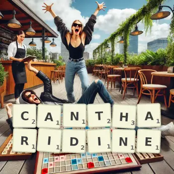 Creative illustration for a Scrabble game with the word CANTHARIDINE spelled out in tiles on the board.
