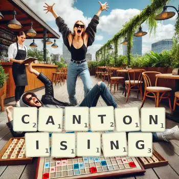 Creative illustration for a Scrabble game with the word CANTONISING spelled out in tiles on the board.