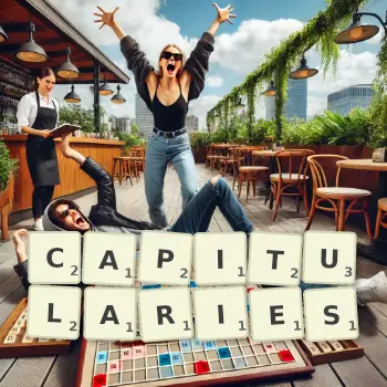 Creative illustration for a Scrabble game with the word CAPITULARIES spelled out in tiles on the board.