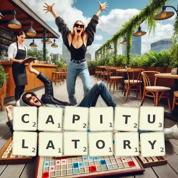 Creative illustration for a Scrabble game with the word CAPITULATORY spelled out in tiles on the board.