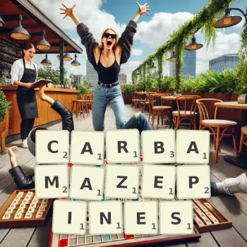 Creative illustration for a Scrabble game with the word CARBAMAZEPINES spelled out in tiles on the board.