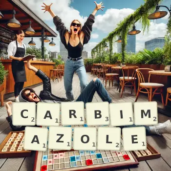 Creative illustration for a Scrabble game with the word CARBIMAZOLE spelled out in tiles on the board.