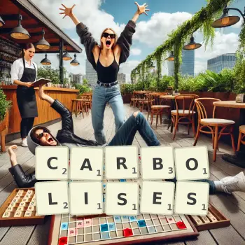 Creative illustration for a Scrabble game with the word CARBOLISES spelled out in tiles on the board.