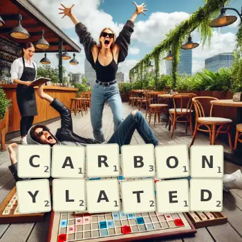 Creative illustration for a Scrabble game with the word CARBONYLATED spelled out in tiles on the board.