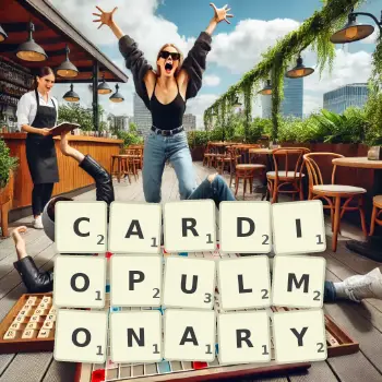 Creative illustration for a Scrabble game with the word CARDIOPULMONARY spelled out in tiles on the board.