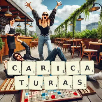 Creative illustration for a Scrabble game with the word CARICATURAS spelled out in tiles on the board.