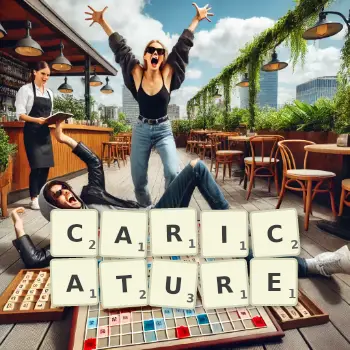 Creative illustration for a Scrabble game with the word CARICATURE spelled out in tiles on the board.