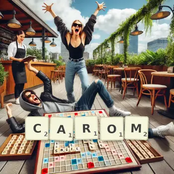 Creative illustration for a Scrabble game with the word CAROM spelled out in tiles on the board.