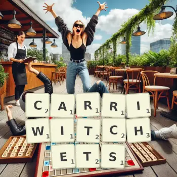 Creative illustration for a Scrabble game with the word CARRIWITCHETS spelled out in tiles on the board.