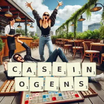 Creative illustration for a Scrabble game with the word CASEINOGENS spelled out in tiles on the board.