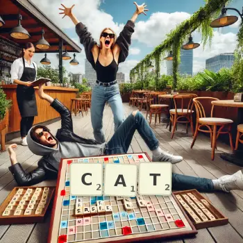 Creative illustration for a Scrabble game with the word CAT spelled out in tiles on the board.