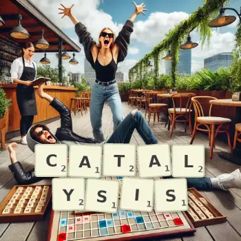 Creative illustration for a Scrabble game with the word CATALYSIS spelled out in tiles on the board.