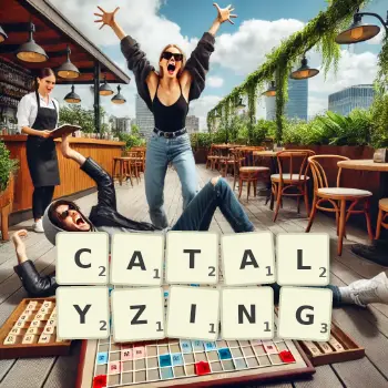 Creative illustration for a Scrabble game with the word CATALYZING spelled out in tiles on the board.