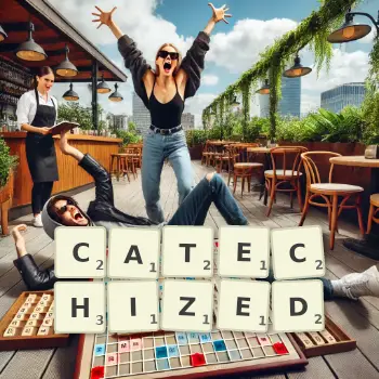 Creative illustration for a Scrabble game with the word CATECHIZED spelled out in tiles on the board.