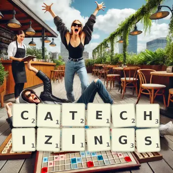 Creative illustration for a Scrabble game with the word CATECHIZINGS spelled out in tiles on the board.
