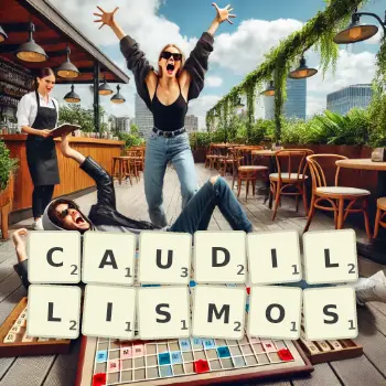 Creative illustration for a Scrabble game with the word CAUDILLISMOS spelled out in tiles on the board.