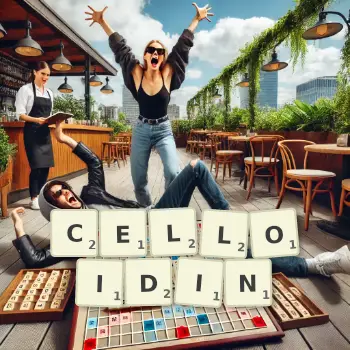 Creative illustration for a Scrabble game with the word CELLOIDIN spelled out in tiles on the board.