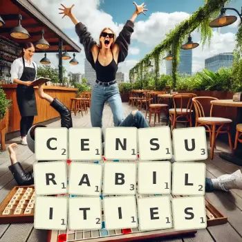 Creative illustration for a Scrabble game with the word CENSURABILITIES spelled out in tiles on the board.