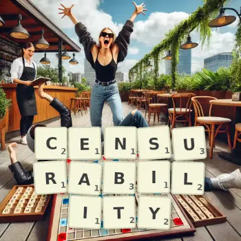 Creative illustration for a Scrabble game with the word CENSURABILITY spelled out in tiles on the board.