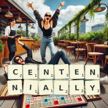 Creative illustration for a Scrabble game with the word CENTENNIALLY spelled out in tiles on the board.