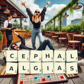 Creative illustration for a Scrabble game with the word CEPHALALGIAS spelled out in tiles on the board.