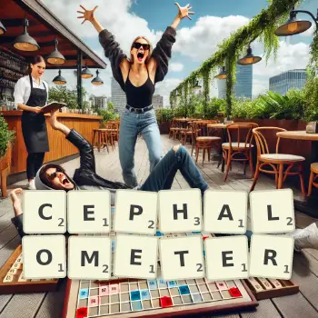 Creative illustration for a Scrabble game with the word CEPHALOMETER spelled out in tiles on the board.