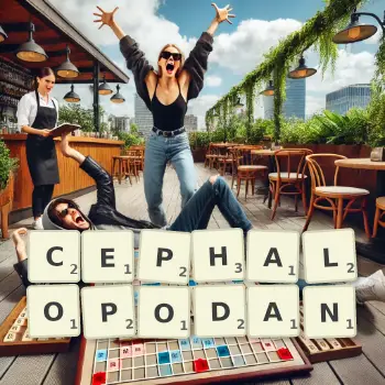 Creative illustration for a Scrabble game with the word CEPHALOPODAN spelled out in tiles on the board.