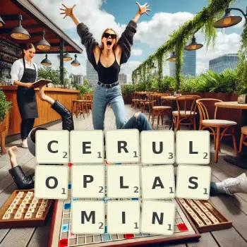 Creative illustration for a Scrabble game with the word CERULOPLASMIN spelled out in tiles on the board.