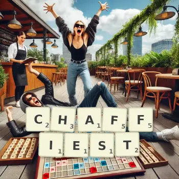 Creative illustration for a Scrabble game with the word CHAFFIEST spelled out in tiles on the board.
