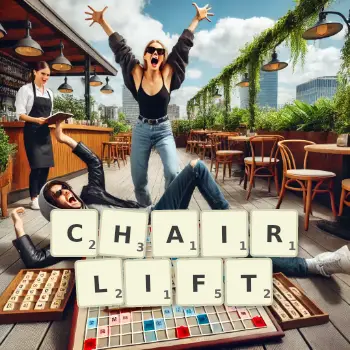 Creative illustration for a Scrabble game with the word CHAIRLIFT spelled out in tiles on the board.