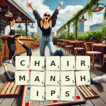 Creative illustration for a Scrabble game with the word CHAIRMANSHIPS spelled out in tiles on the board.