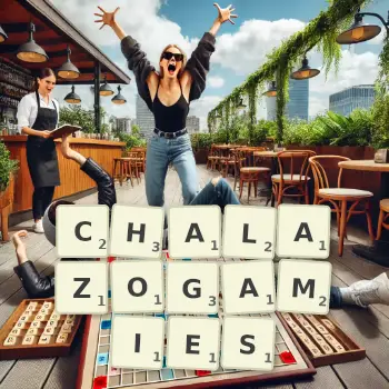 Creative illustration for a Scrabble game with the word CHALAZOGAMIES spelled out in tiles on the board.