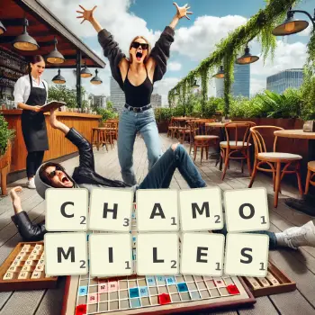 Creative illustration for a Scrabble game with the word CHAMOMILES spelled out in tiles on the board.