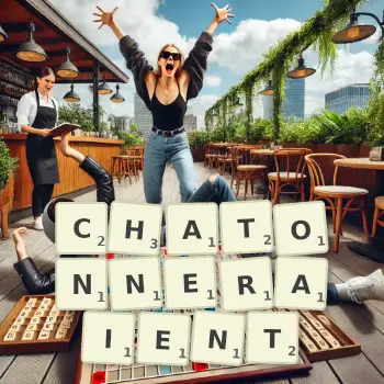 Creative illustration for a Scrabble game with the word CHATONNERAIENT spelled out in tiles on the board.