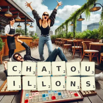 Creative illustration for a Scrabble game with the word CHATOUILLONS spelled out in tiles on the board.