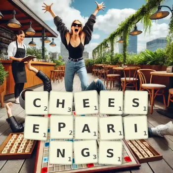 Creative illustration for a Scrabble game with the word CHEESEPARINGS spelled out in tiles on the board.