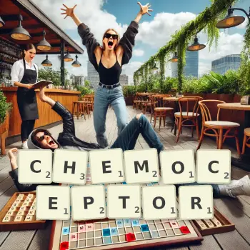 Creative illustration for a Scrabble game with the word CHEMOCEPTOR spelled out in tiles on the board.