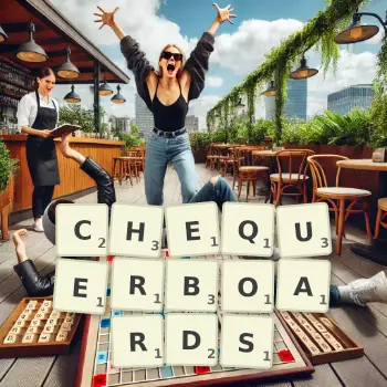 Creative illustration for a Scrabble game with the word CHEQUERBOARDS spelled out in tiles on the board.