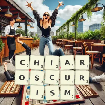 Creative illustration for a Scrabble game with the word CHIAROSCURISM spelled out in tiles on the board.