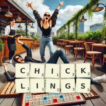 Creative illustration for a Scrabble game with the word CHICKLINGS spelled out in tiles on the board.