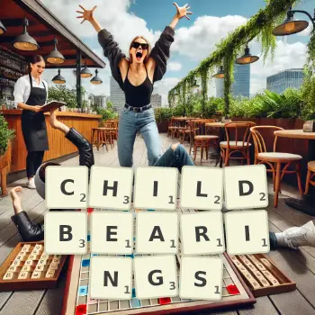Creative illustration for a Scrabble game with the word CHILDBEARINGS spelled out in tiles on the board.