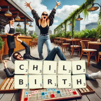 Creative illustration for a Scrabble game with the word CHILDBIRTH spelled out in tiles on the board.