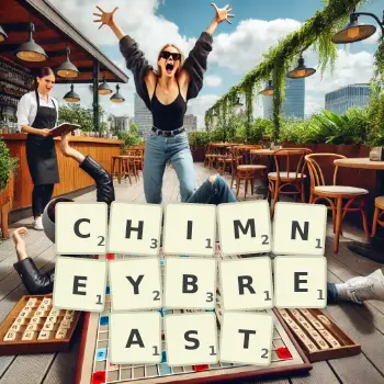 Creative illustration for a Scrabble game with the word CHIMNEYBREAST spelled out in tiles on the board.