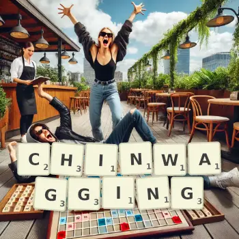 Creative illustration for a Scrabble game with the word CHINWAGGING spelled out in tiles on the board.